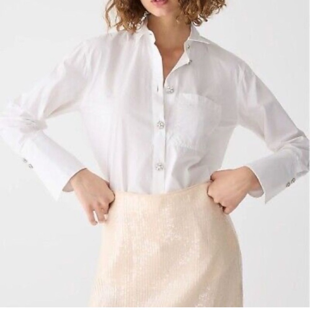 J. Crew Classic White Organic Cotton Jeweled Button-Down Shirt Size 4 NWT